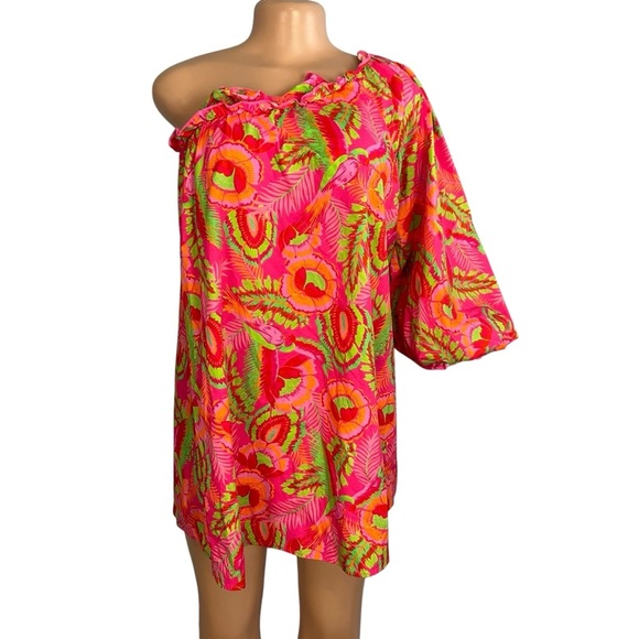 Show Me Your MuMu High Volume Mini Dress Tropical Pink Print - Picture 2 of 11